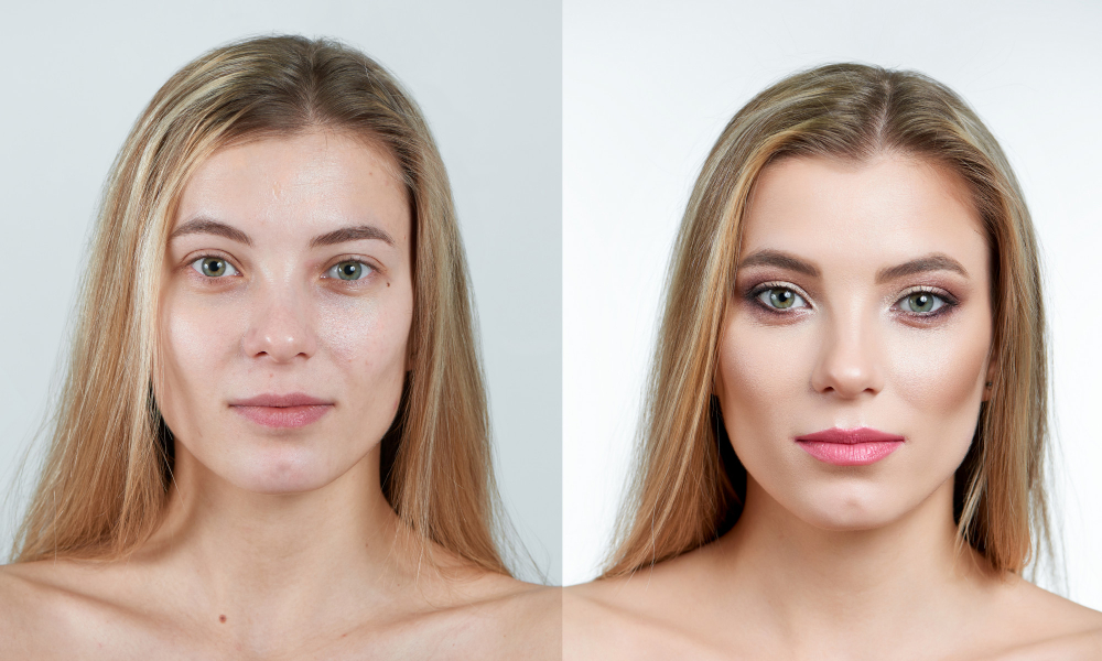 comparison beautiful blonde girl without with makeup